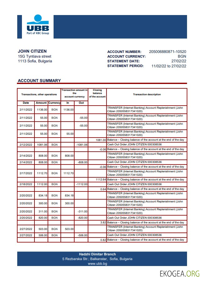 Relevé bancaire Bulgarie UBB